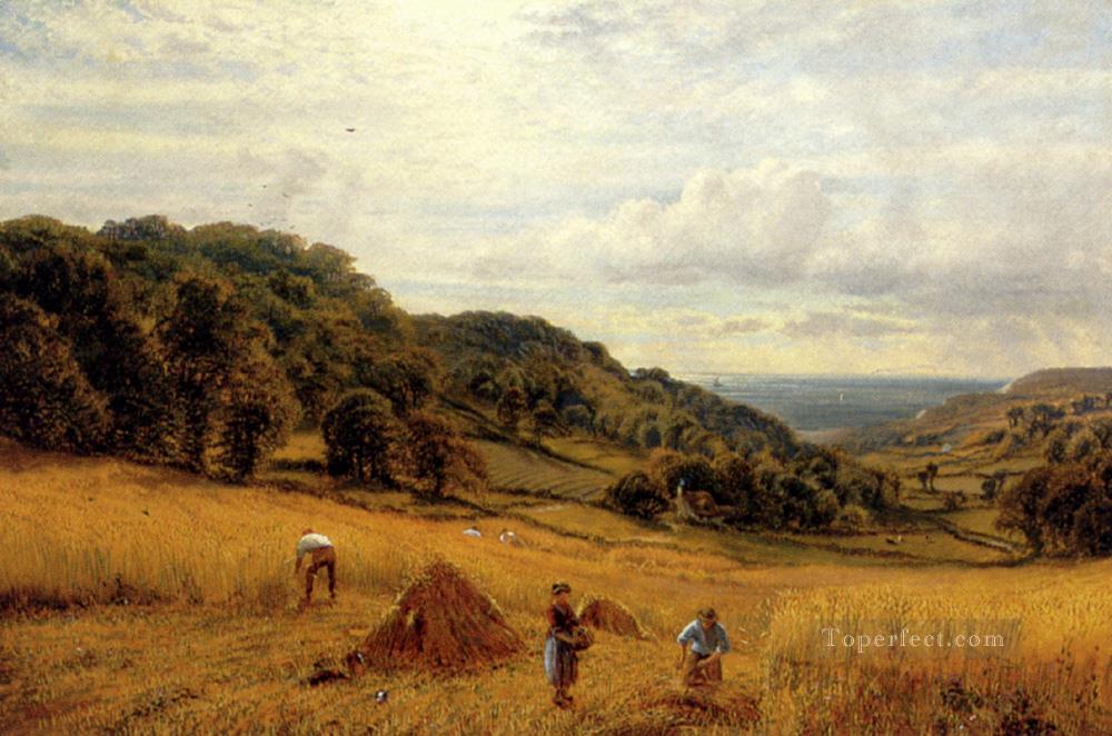 Harvesting At Luccombe Isle Of Wight landscape Alfred Glendening Oil Paintings